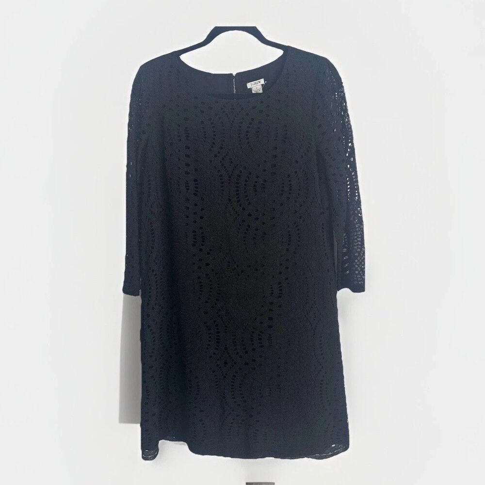Womens J.CREW Black Eyelet Overlay 3/4 Sleeve Shift Dress Size 8